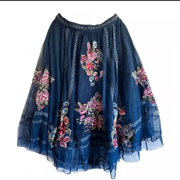 Sundance Blue Embroidered Tulle Midi Skirt, Size Large - Picture 2 of 9